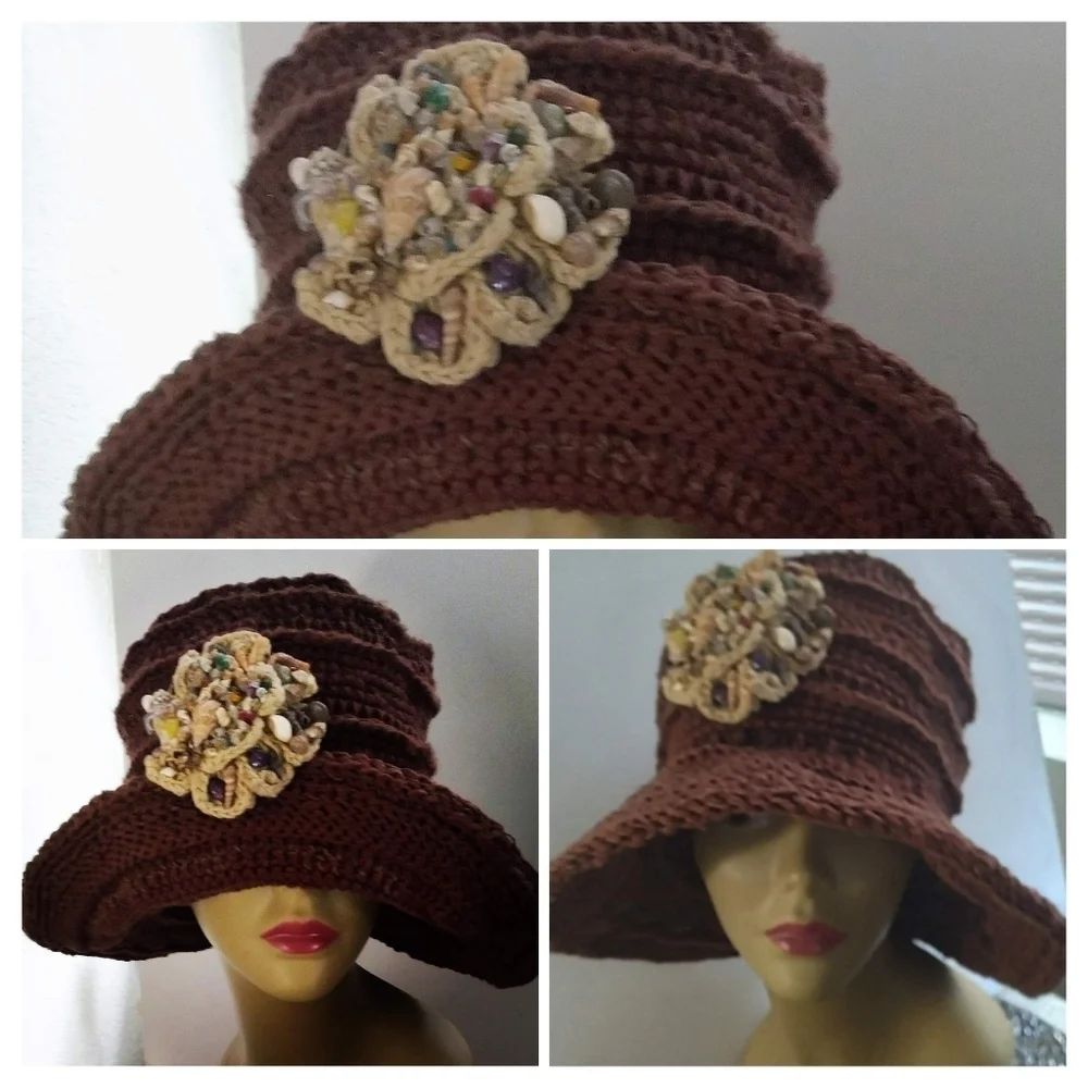 NWT Embossed Crochet Wide Brim Hemp Hat With Crochet Seashell Brooch